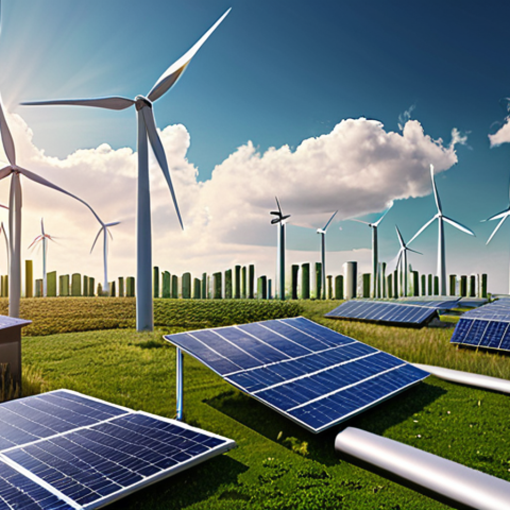 **A futuristic cityscape where renewable energy sources like wind turbines and solar panels dominate the skyline, showcasing sustainability in urban environments.**