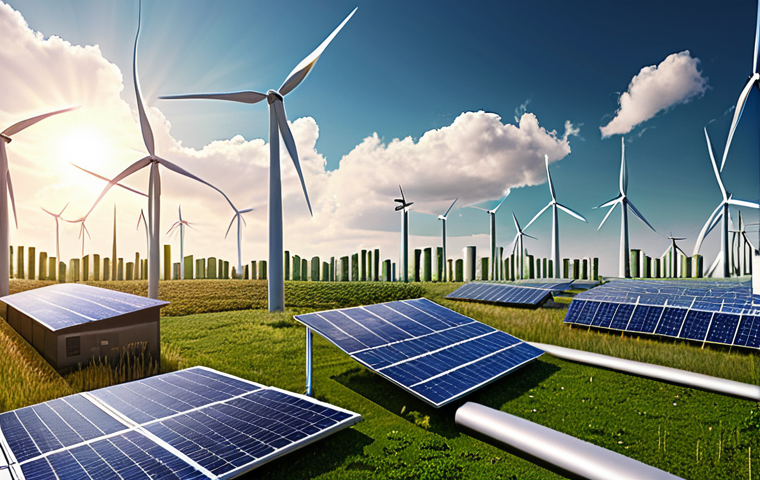 **A futuristic cityscape where renewable energy sources like wind turbines and solar panels dominate the skyline, showcasing sustainability in urban environments.**