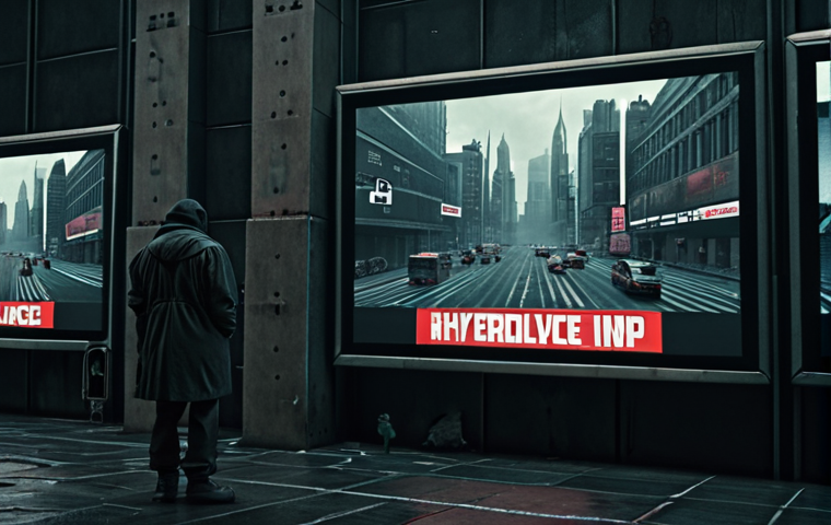**Dystopian cityscape with screens displaying targeted ads, reflecting a loss of privacy. Dark, gritty aesthetic. Emphasis on surveillance.**